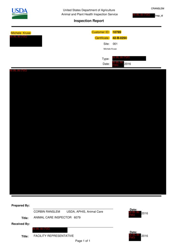 Blacked out animal welfare report from USDA