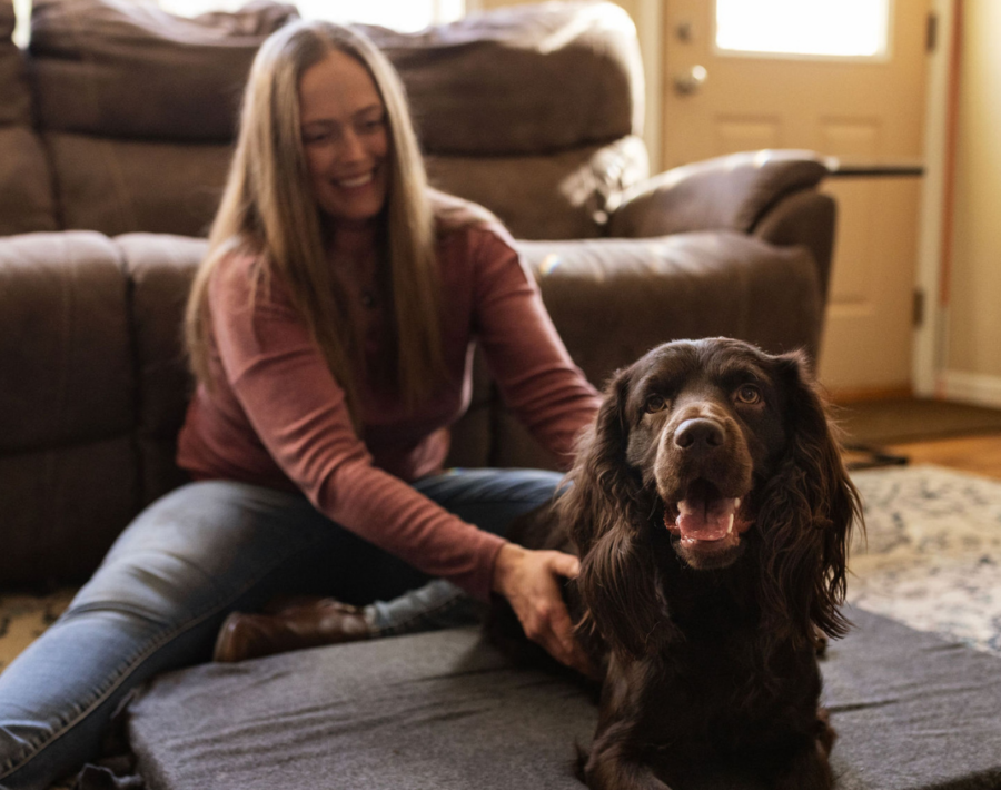 A relaxed dog lying on a mat while receiving Tui Na acupressure massage therapy from a practitioner.